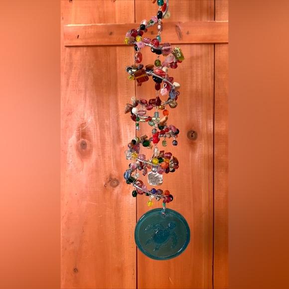 Stained Glass Blue Sea Turtle Beaded Ocean Metal Spiral Sun Catcher Mobile - Picture 5 of 10